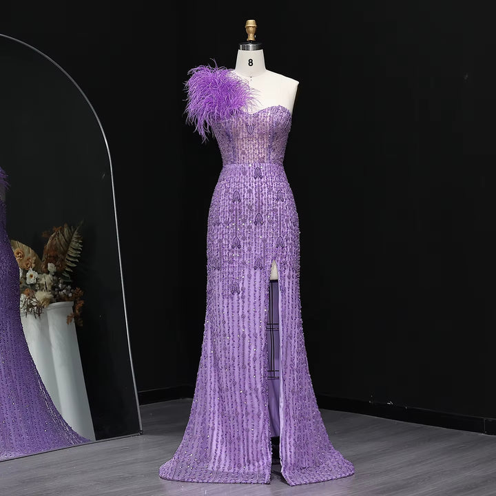 Glamorous Lilac Crystal Feather Evening Dress with High Slit SS114