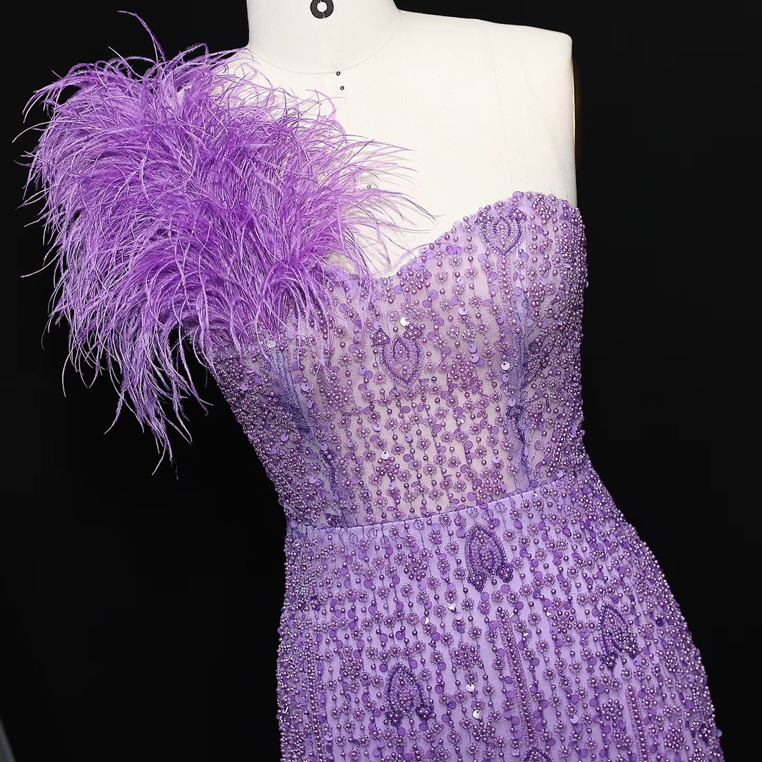 Glamorous Lilac Crystal Feather Evening Dress with High Slit SS114
