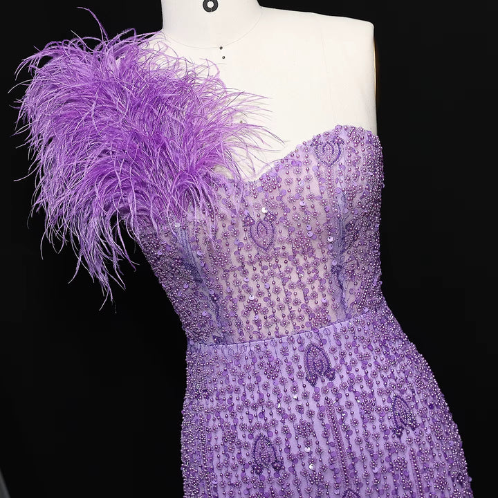 Glamorous Lilac Crystal Feather Evening Dress with High Slit SS114