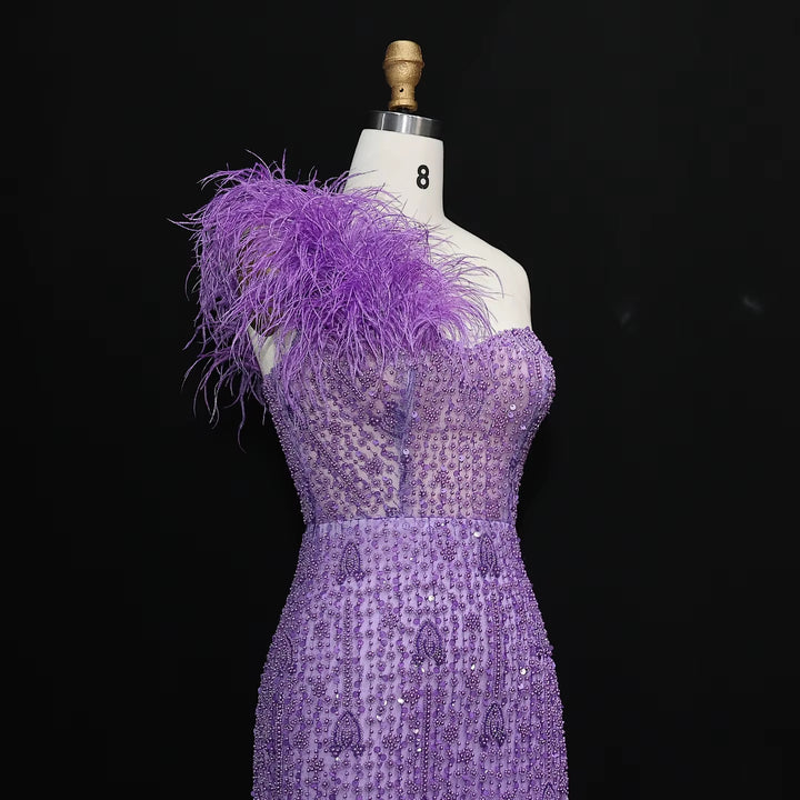 Glamorous Lilac Crystal Feather Evening Dress with High Slit SS114