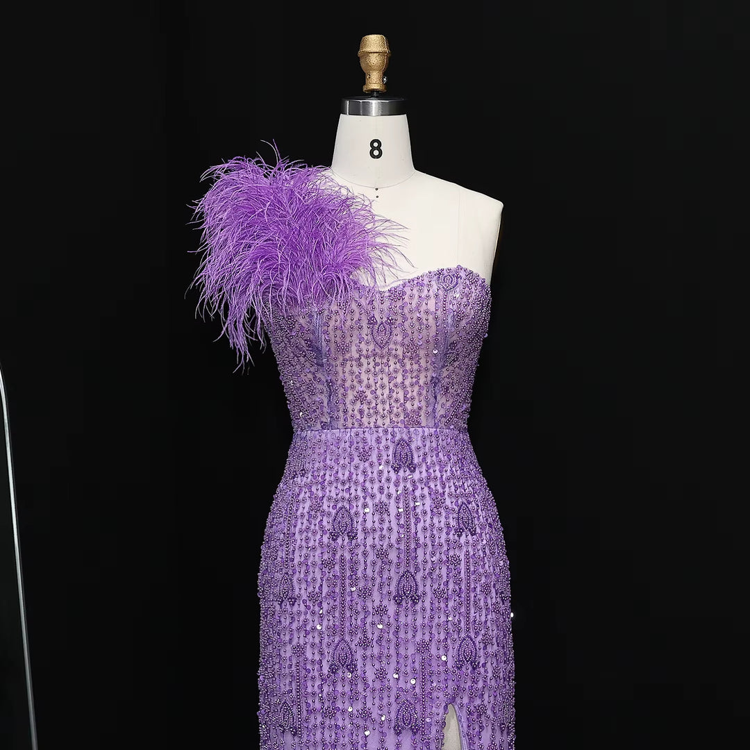 Glamorous Lilac Crystal Feather Evening Dress with High Slit SS114