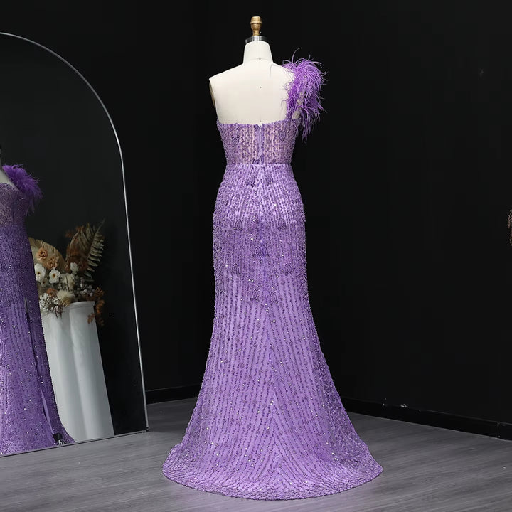 Glamorous Lilac Crystal Feather Evening Dress with High Slit SS114