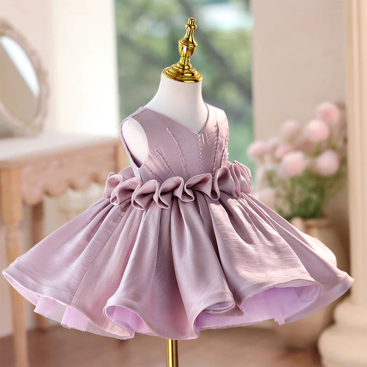 Princess Style Satin Flower Girl Dress with Layered Skirt Knee Length J460A