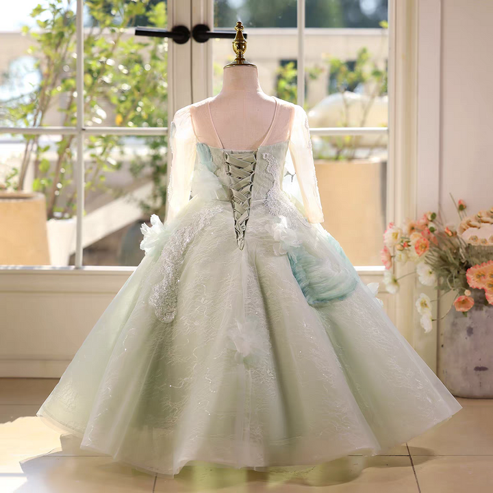 Fairy Sage Green Flower Girl Dress with 3D Floral Appliqués D009