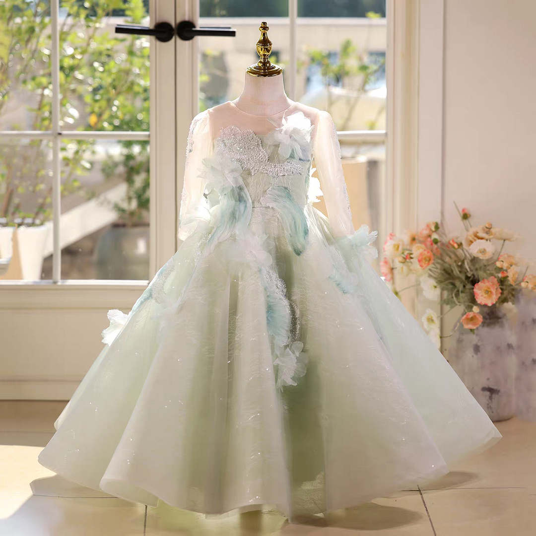 Fairy Sage Green Flower Girl Dress with 3D Floral Appliqués D009