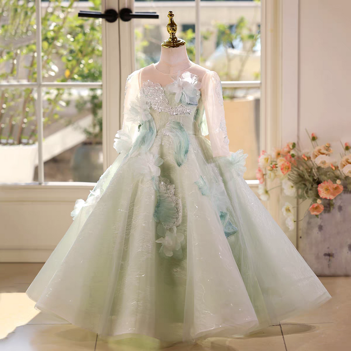 Fairy Sage Green Flower Girl Dress with 3D Floral Appliqués D009