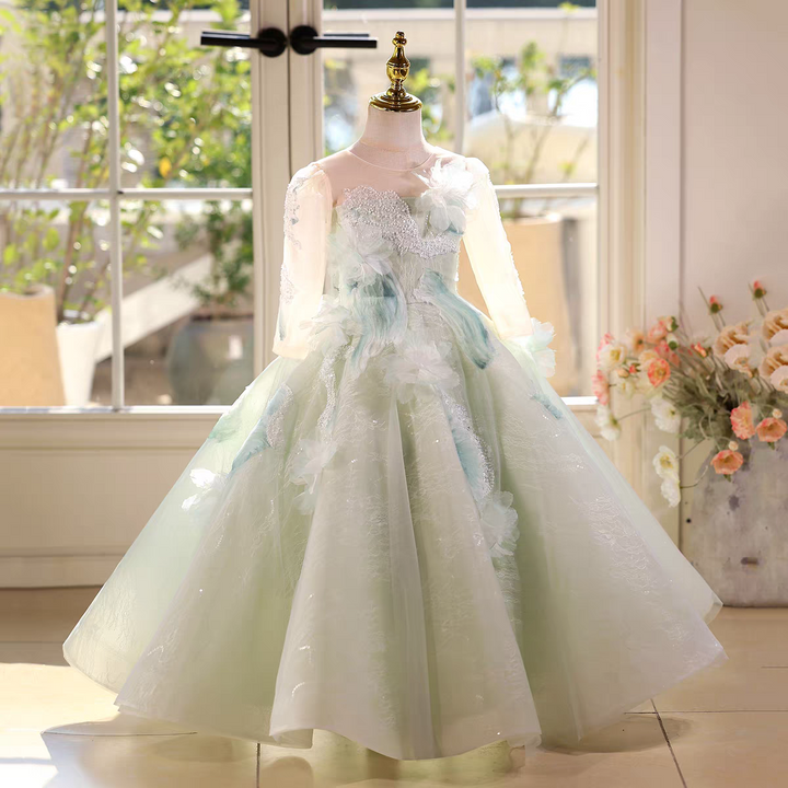 Fairy Sage Green Flower Girl Dress with 3D Floral Appliqués D009