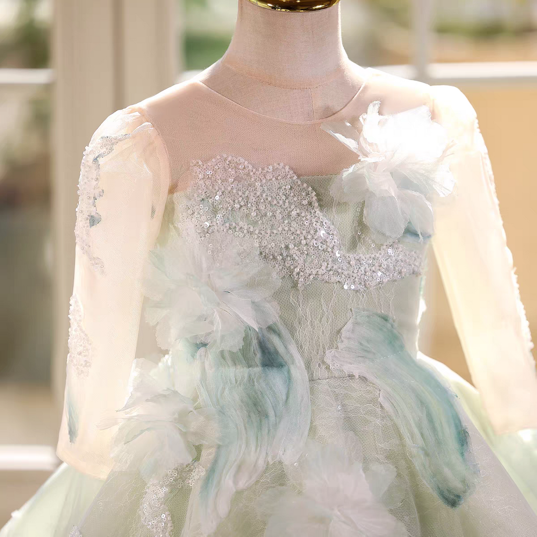 Fairy Sage Green Flower Girl Dress with 3D Floral Appliqués D009