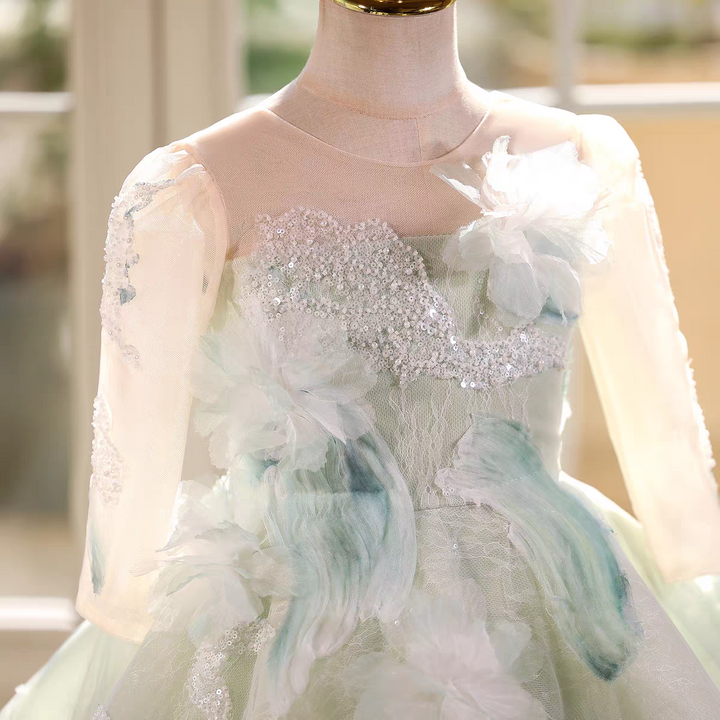 Fairy Sage Green Flower Girl Dress with 3D Floral Appliqués D009