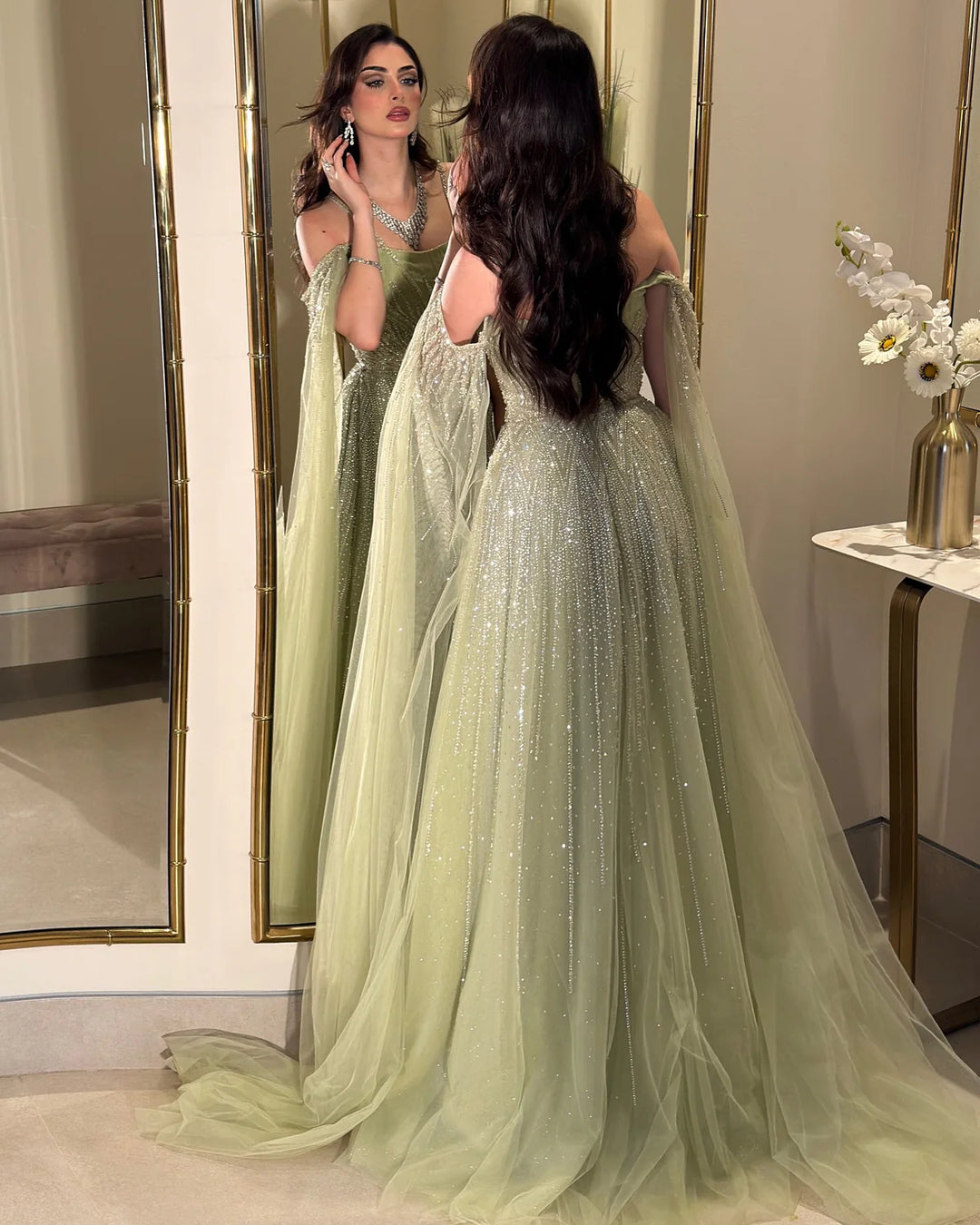 Luxurious Green Beaded Tulle Evening Gown with Layered Cap XD024-DreamyVow