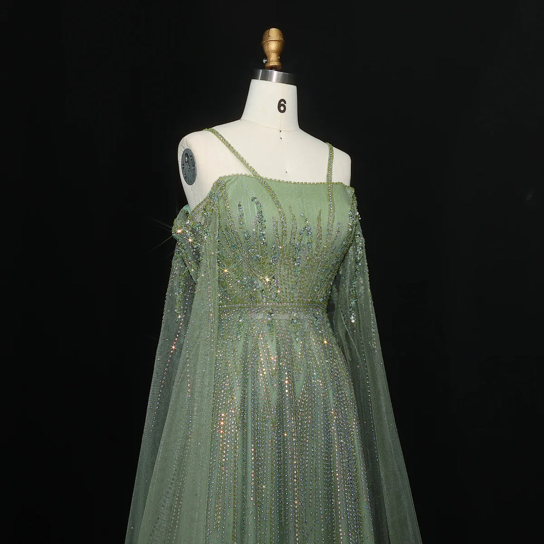 Luxurious Green Beaded Tulle Evening Gown with Layered Cap XD024-DreamyVow
