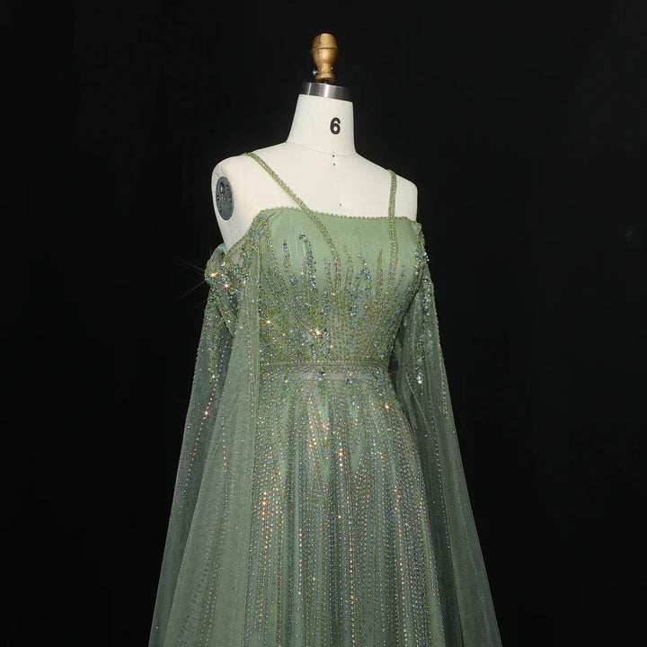 Luxurious Green Beaded Tulle Evening Gown with Layered Cap XD024-DreamyVow