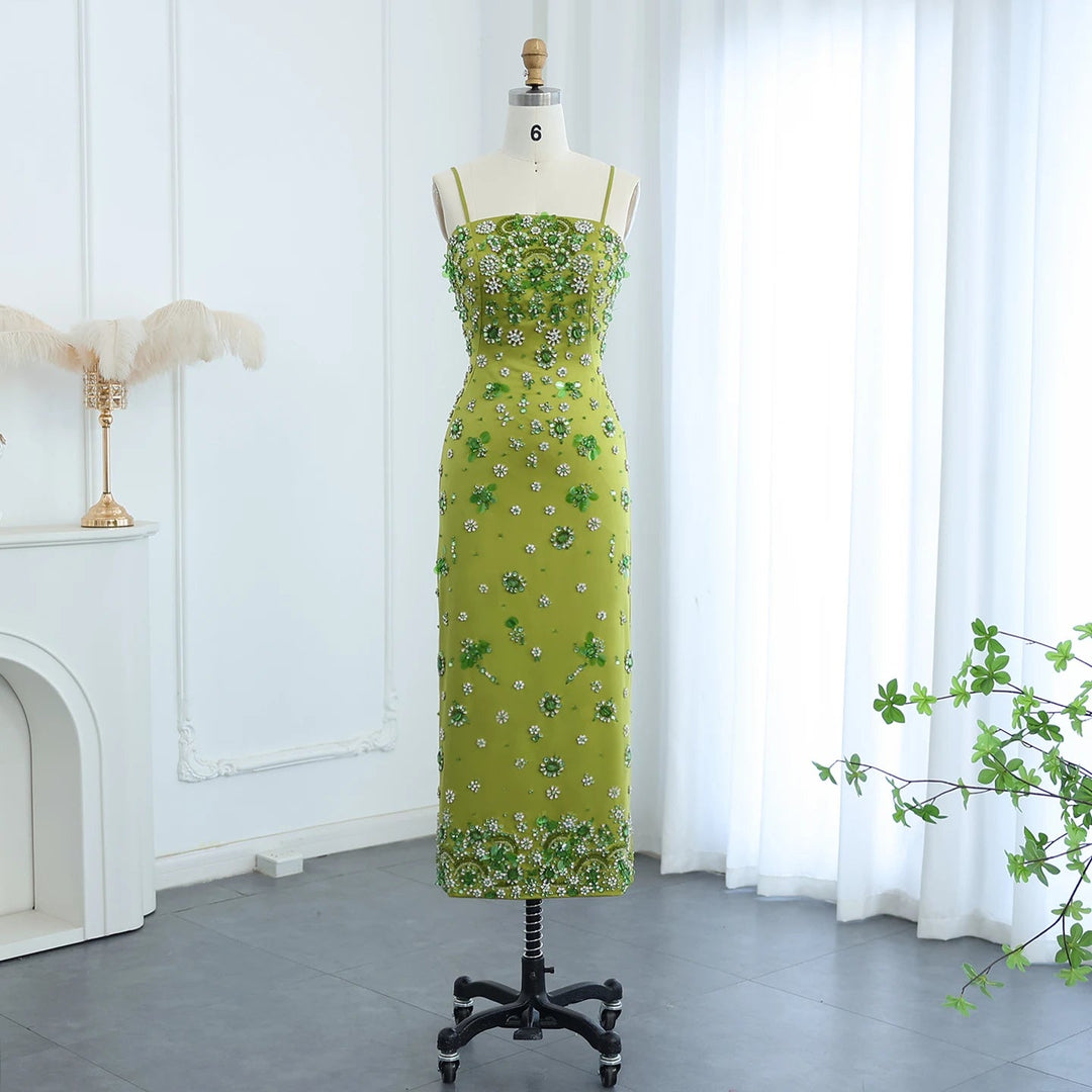 Luxury 3D Floral Beaded Short Green Evening Dress Spaghetti Straps SS2 DreamyVow Luxury 3D Floral Beaded Short Green Evening Dress Spaghetti Straps SS2 DreamyVow