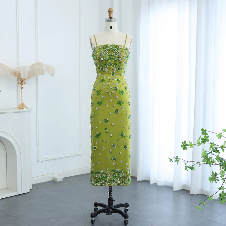 Luxury 3D Floral Beaded Short Green Evening Dress Spaghetti Straps SS233