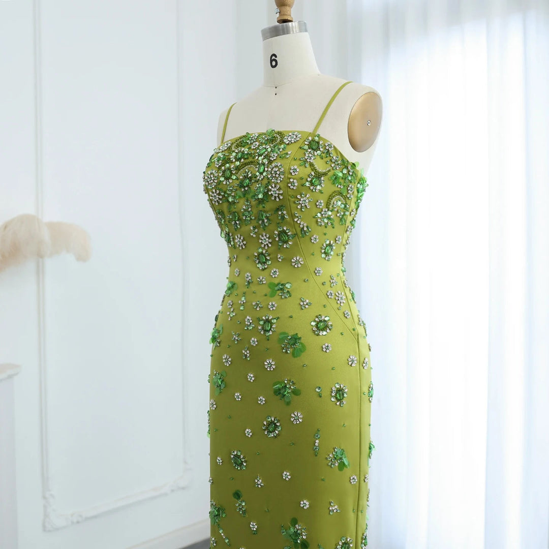 Luxury 3D Floral Beaded Short Green Evening Dress Spaghetti Straps SS2 DreamyVow Luxury 3D Floral Beaded Short Green Evening Dress Spaghetti Straps SS2 DreamyVow