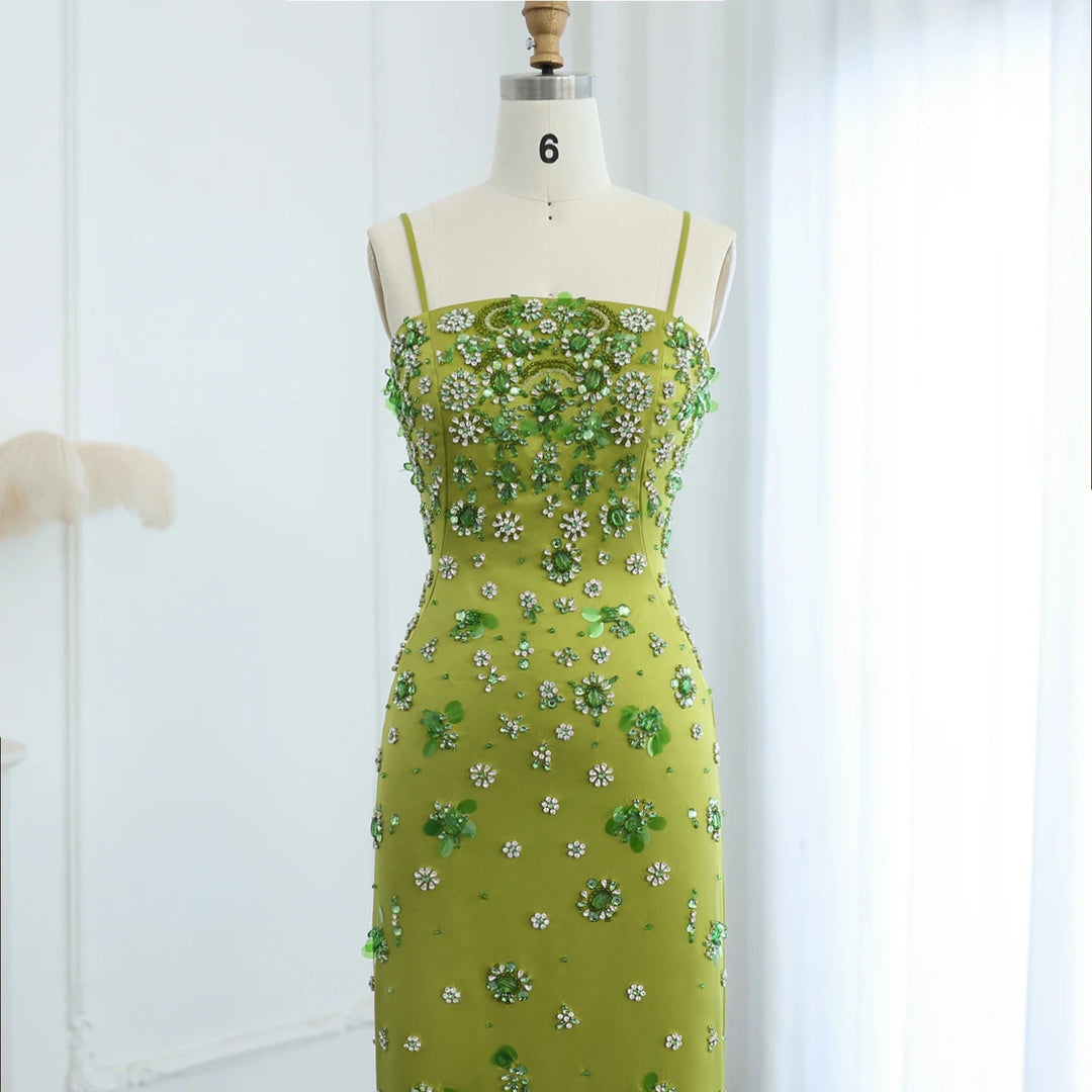 Luxury 3D Floral Beaded Short Green Evening Dress Spaghetti Straps SS2 DreamyVow Luxury 3D Floral Beaded Short Green Evening Dress Spaghetti Straps SS2 DreamyVow