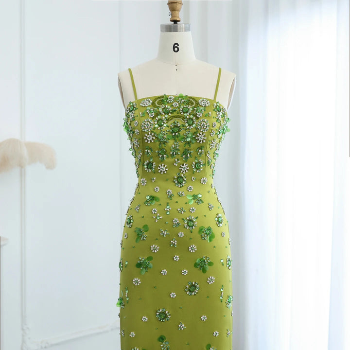 Luxury 3D Floral Beaded Short Green Evening Dress Spaghetti Straps SS233