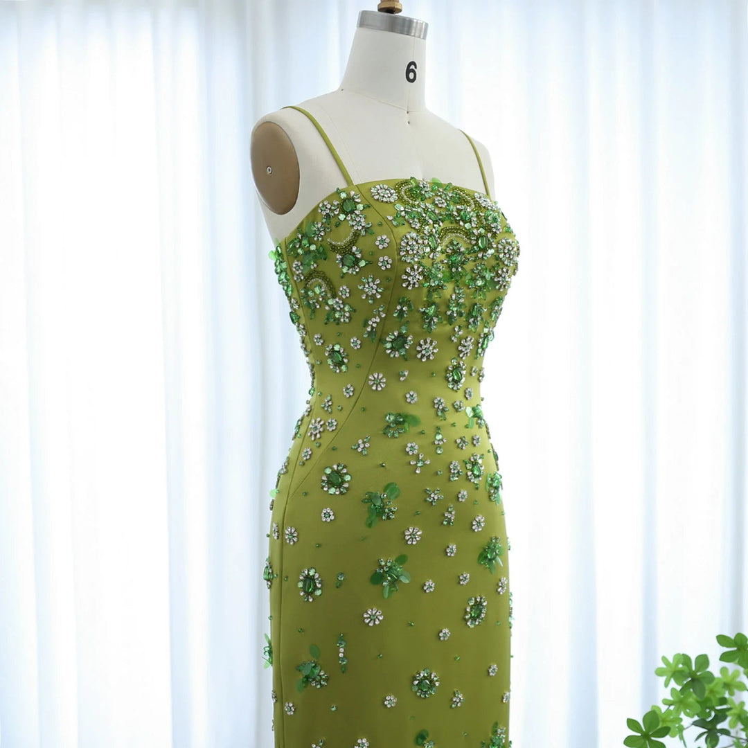 Luxury 3D Floral Beaded Short Green Evening Dress Spaghetti Straps SS233 Green / 14 Luxury 3D Floral Beaded Short Green Evening Dress Spaghetti Straps SS233 Green / 14