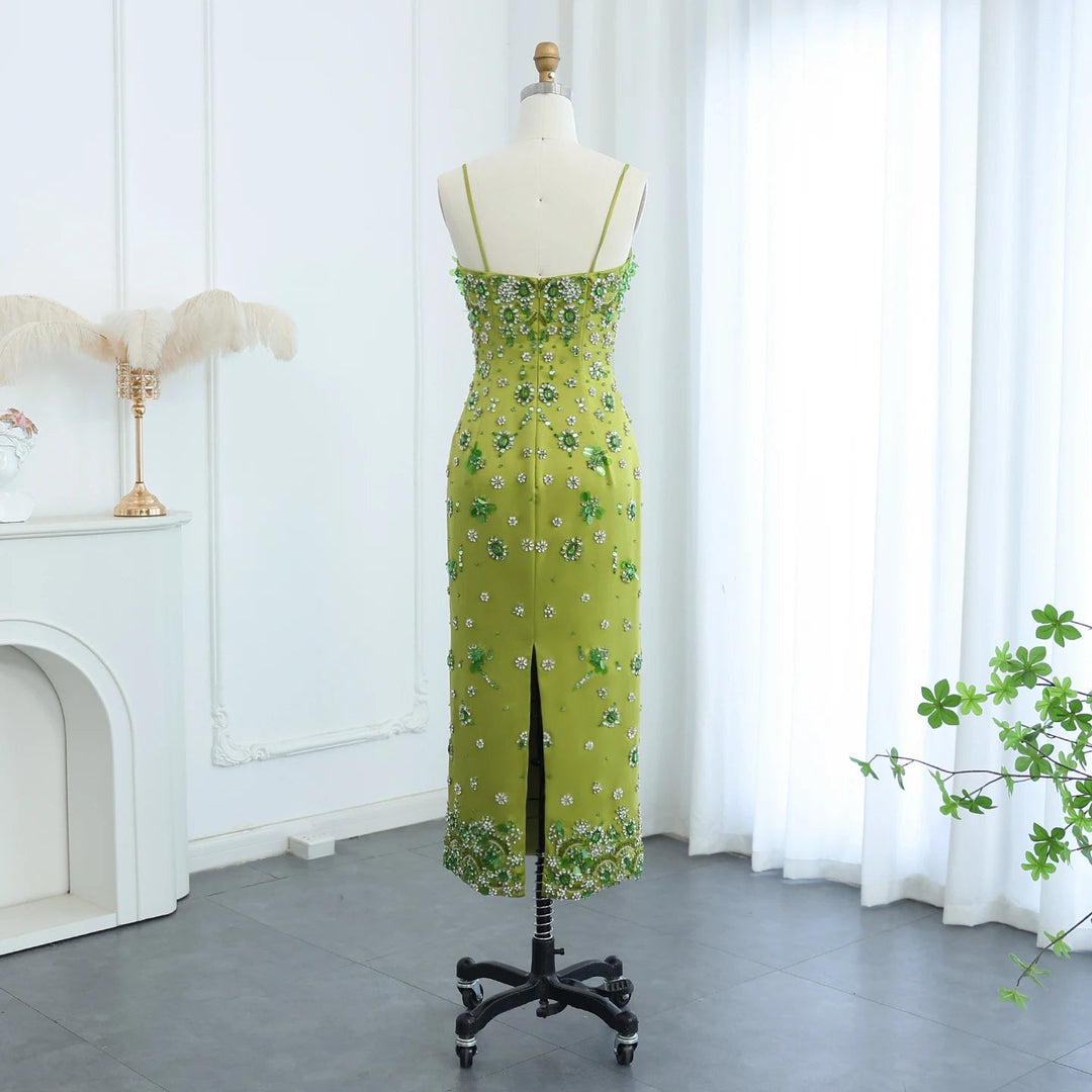 Luxury 3D Floral Beaded Short Green Evening Dress Spaghetti Straps SS2 DreamyVow Luxury 3D Floral Beaded Short Green Evening Dress Spaghetti Straps SS2 DreamyVow