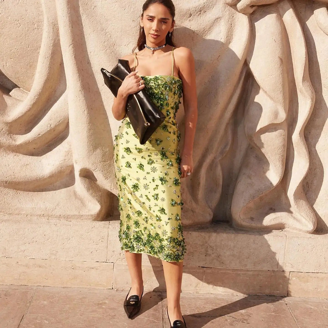 Luxury 3D Floral Beaded Short Green Evening Dress Spaghetti Straps SS233
