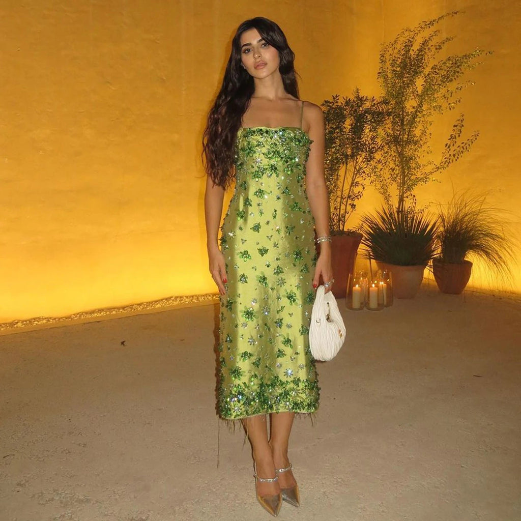 Luxury 3D Floral Beaded Short Green Evening Dress Spaghetti Straps SS233 Green / 6