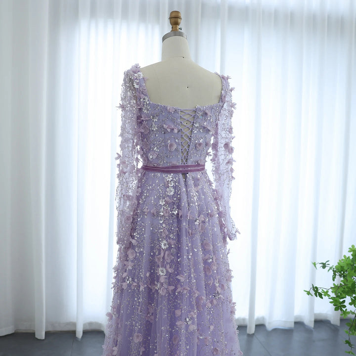 Luxury 3D Flower Gray Long Sleeves Evening Dresses for Wedding Party SS353