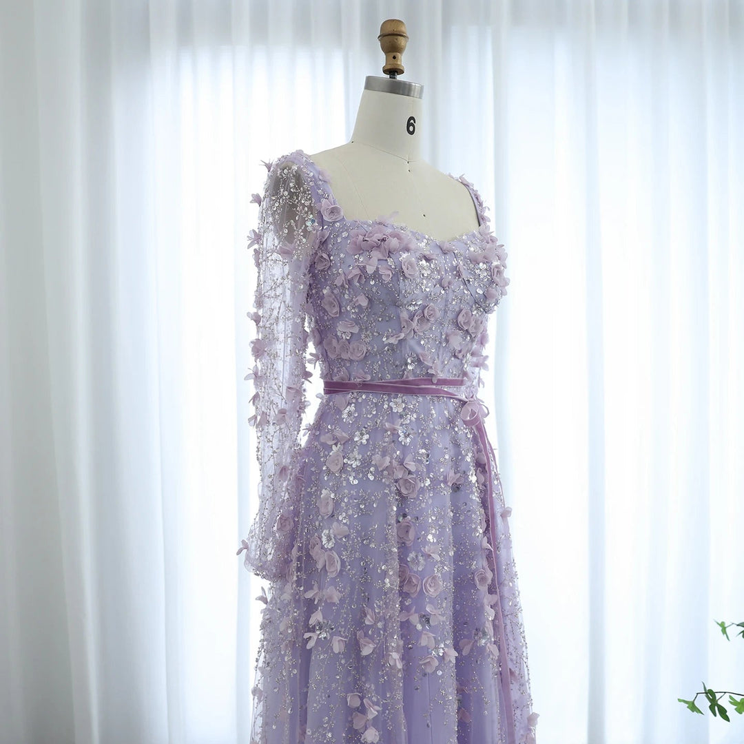 Luxury 3D Flower Gray Long Sleeves Evening Dresses for Wedding Party SS353