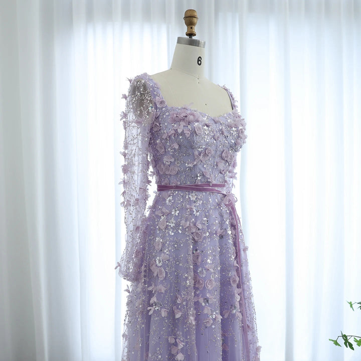 Luxury 3D Flower Gray Long Sleeves Evening Dresses for Wedding Party SS353