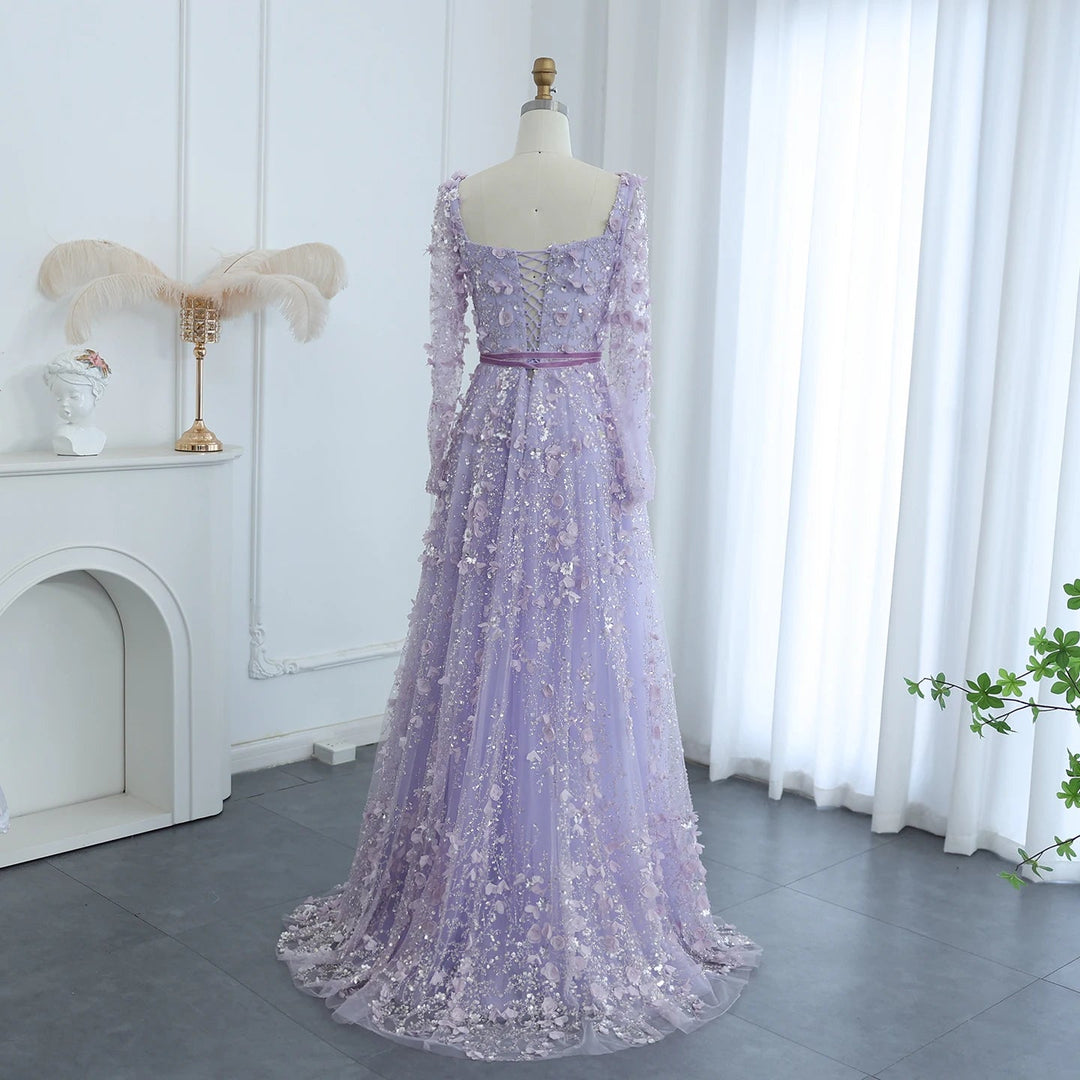 Luxury 3D Flower Gray Long Sleeves Evening Dresses for Wedding Party SS353