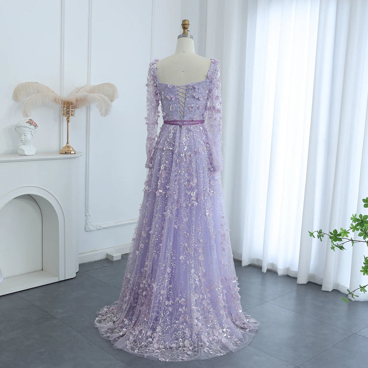 Luxury 3D Flower Gray Long Sleeves Evening Dresses for Wedding Party SS353