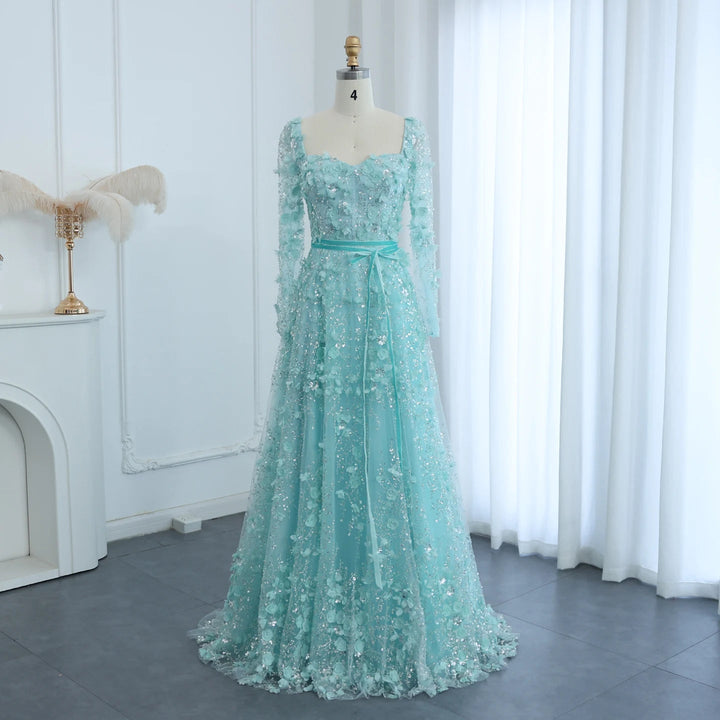 Luxury 3D Flower Gray Long Sleeves Evening Dresses for Wedding Party SS353