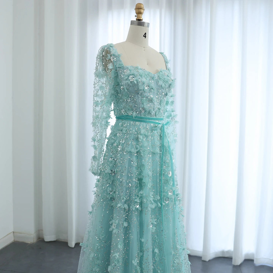 Luxury 3D Flower Gray Long Sleeves Evening Dresses for Wedding Party SS353