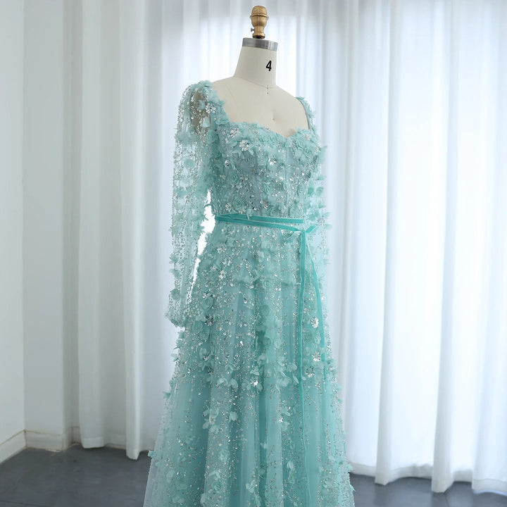 Luxury 3D Flower Gray Long Sleeves Evening Dresses for Wedding Party SS353