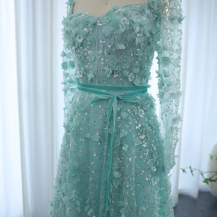 Luxury 3D Flower Gray Long Sleeves Evening Dresses for Wedding Party SS353