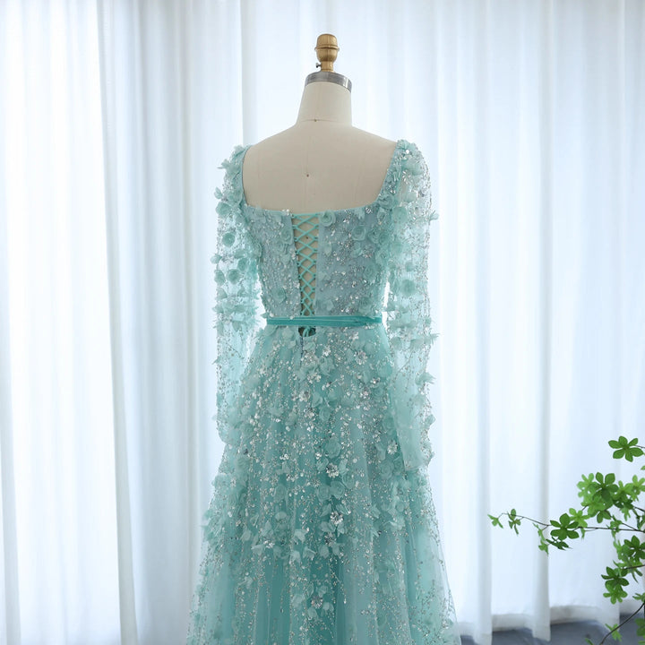 Luxury 3D Flower Gray Long Sleeves Evening Dresses for Wedding Party SS353