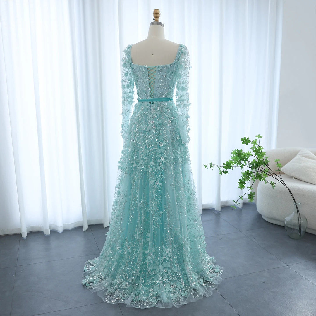 Luxury 3D Flower Gray Long Sleeves Evening Dresses for Wedding Party SS353