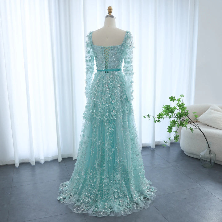 Luxury 3D Flower Gray Long Sleeves Evening Dresses for Wedding Party SS353