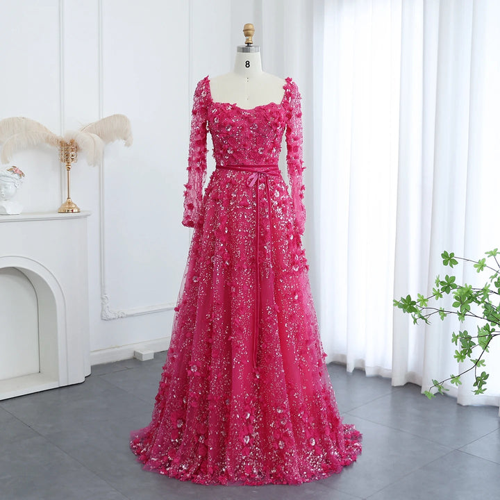 Luxury 3D Flower Gray Long Sleeves Evening Dresses for Wedding Party SS353