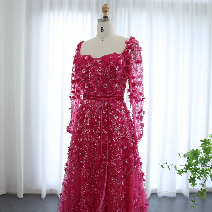 Luxury 3D Flower Gray Long Sleeves Evening Dresses for Wedding Party SS353
