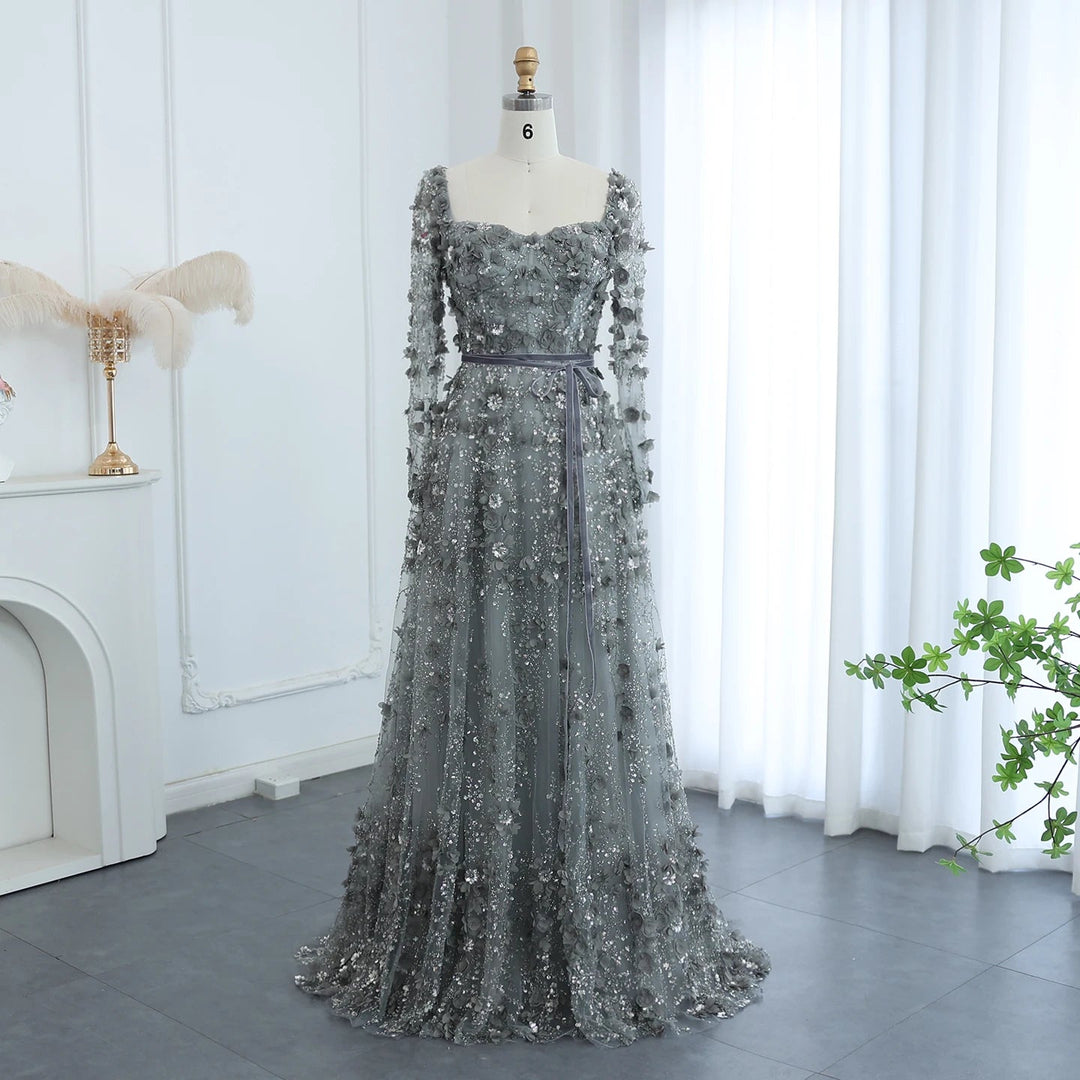 Luxury 3D Flower Gray Long Sleeves Evening Dresses for Wedding Party SS353