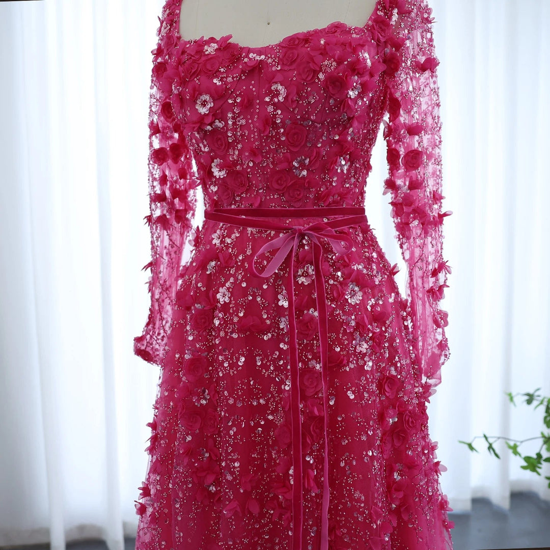 Luxury 3D Flower Gray Long Sleeves Evening Dresses for Wedding Party SS353