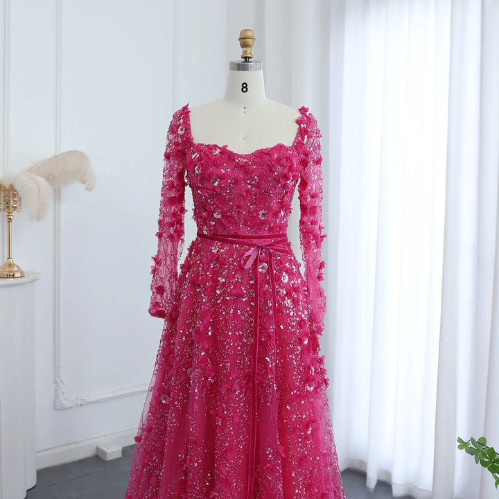 Luxury 3D Flower Gray Long Sleeves Evening Dresses for Wedding Party SS353