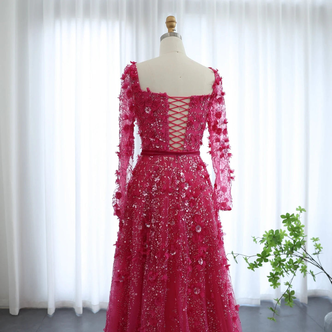 Luxury 3D Flower Gray Long Sleeves Evening Dresses for Wedding Party SS353