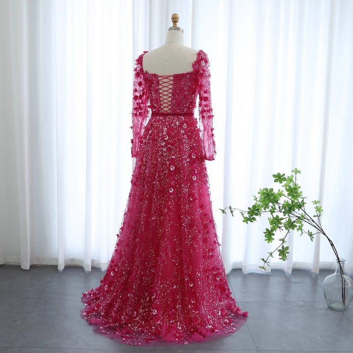 Luxury 3D Flower Gray Long Sleeves Evening Dresses for Wedding Party SS353