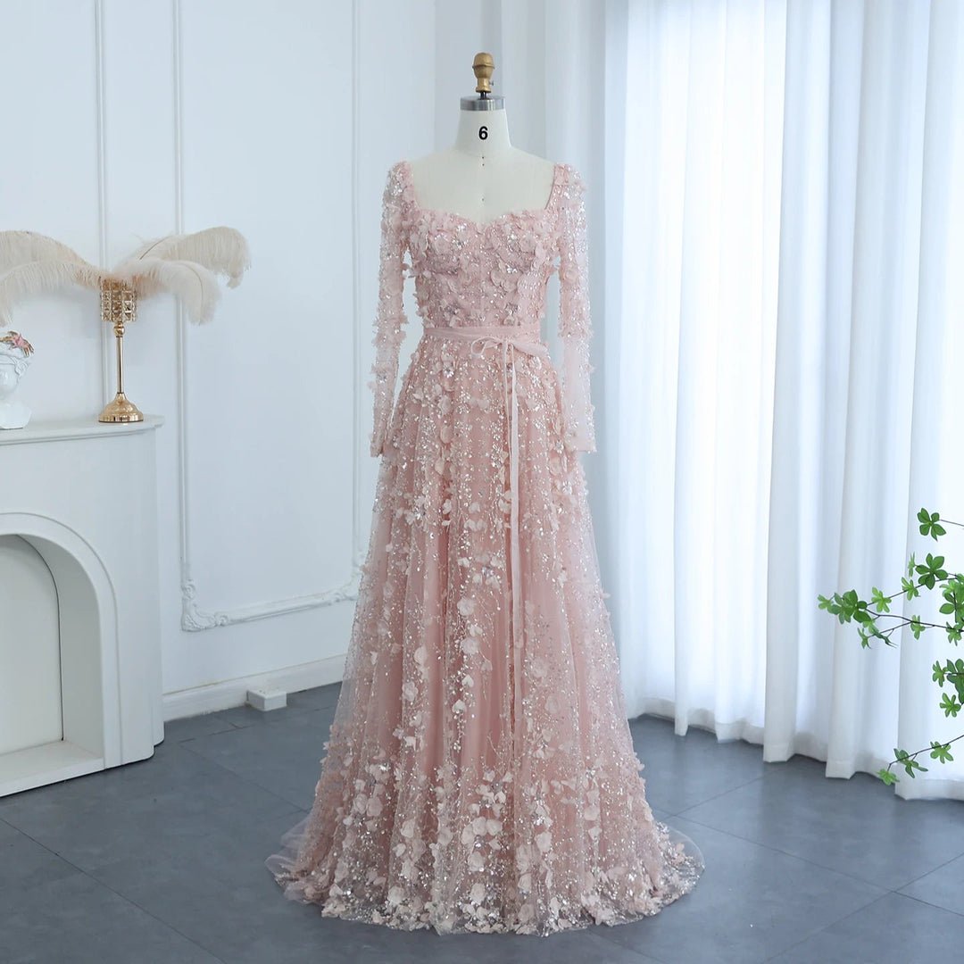 Luxury 3D Flower Gray Long Sleeves Evening Dresses for Wedding Party SS353
