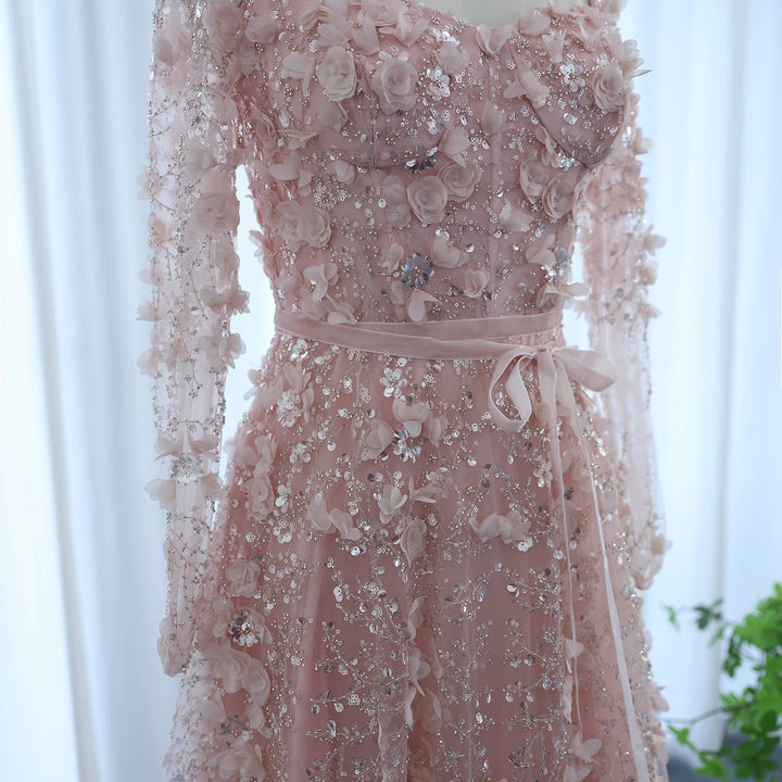 Luxury 3D Flower Gray Long Sleeves Evening Dresses for Wedding Party SS353
