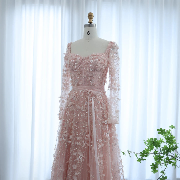 Luxury 3D Flower Gray Long Sleeves Evening Dresses for Wedding Party SS353