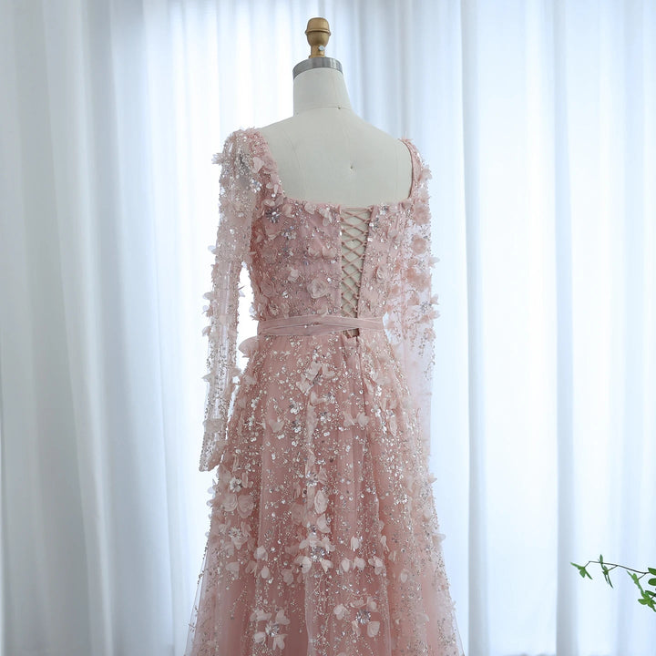 Luxury 3D Flower Gray Long Sleeves Evening Dresses for Wedding Party SS353