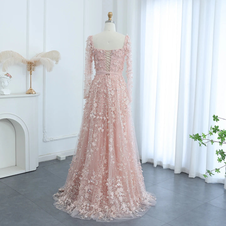 Luxury 3D Flower Gray Long Sleeves Evening Dresses for Wedding Party SS353