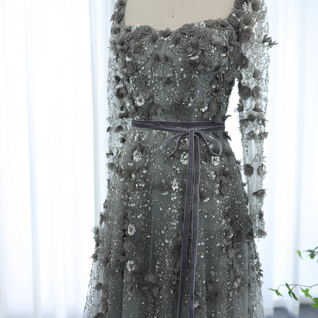 Luxury 3D Flower Gray Long Sleeves Evening Dresses for Wedding Party S DreamyVow Luxury 3D Flower Gray Long Sleeves Evening Dresses for Wedding Party S DreamyVow